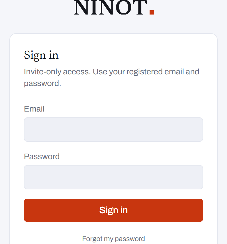 NINOT dashboard login on a phone
